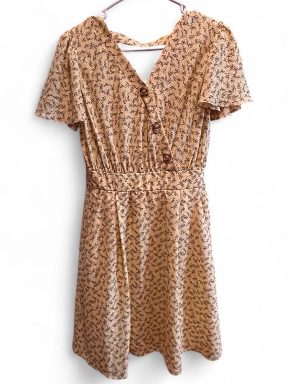 C Yellow V Neck Floral Faux Wrap Flutter Sleeves Pockets Dress Womens size Small - Picture 2 of 9